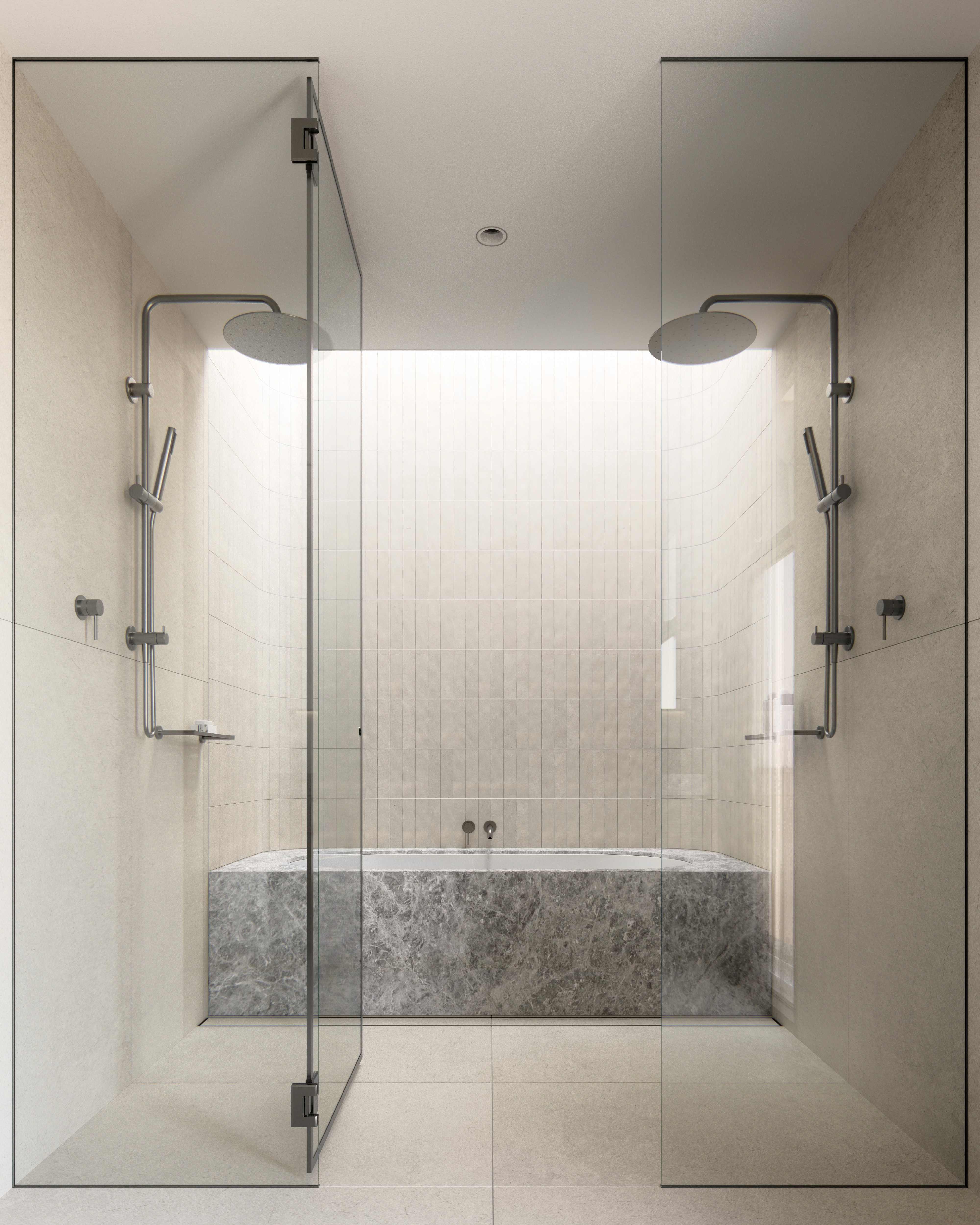 Modern luxury bathroom with glass shower enclosures and stone bathtub.