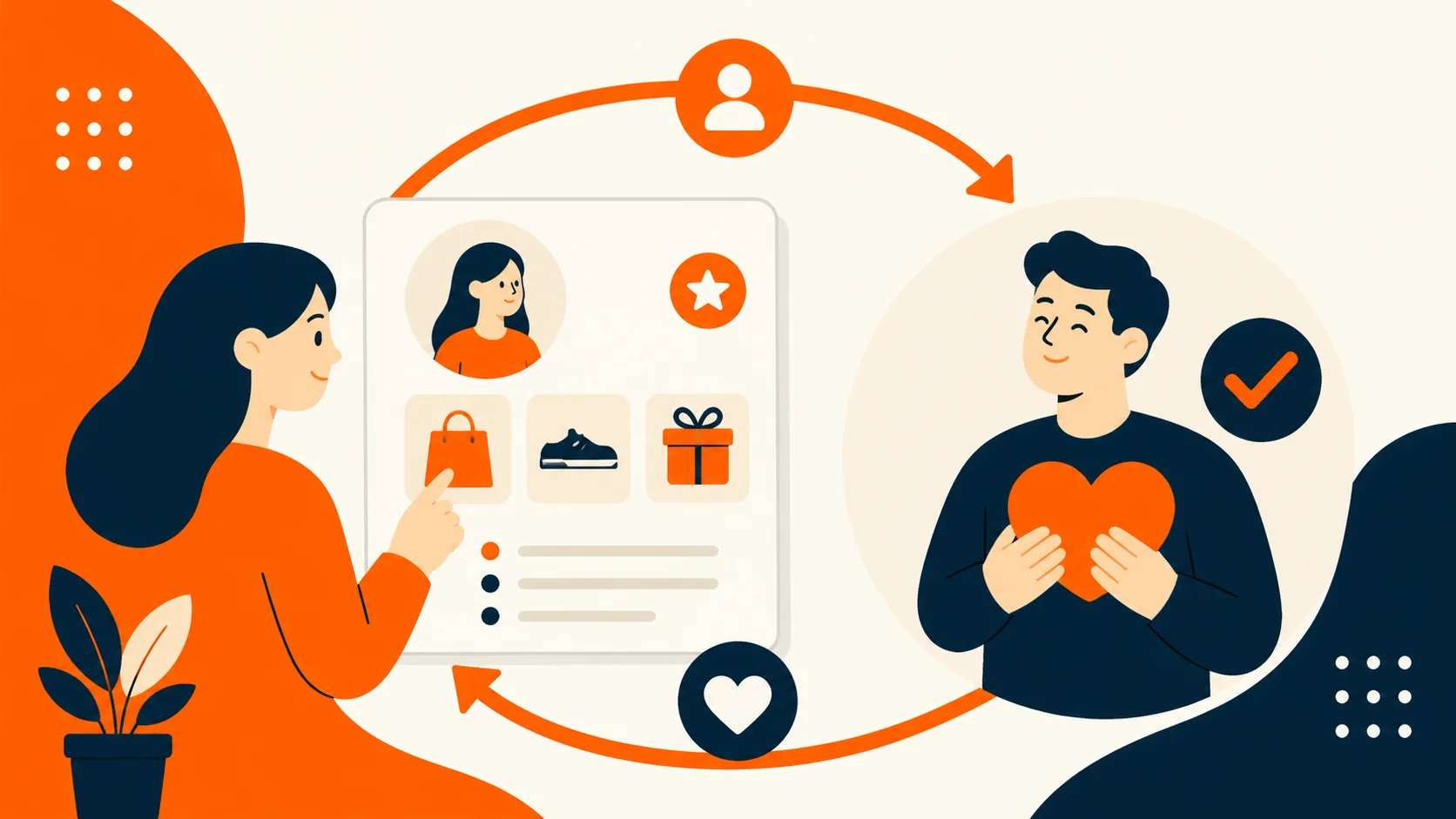 graphic-woman-selecting-products-on-screen-with-icons-arrows-leading-to-man-holding-heart-and-checkmark-indicating-customer-satisfaction