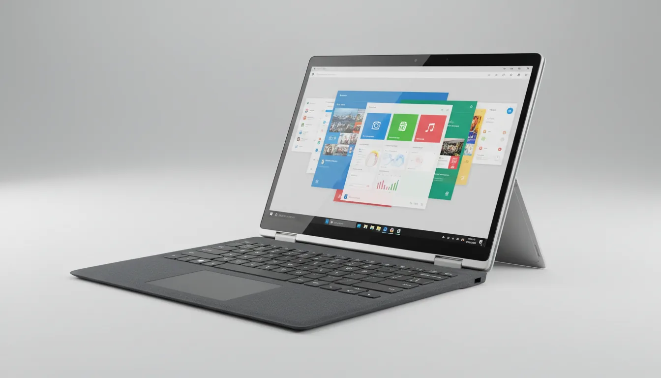 DSLR product photography of a silver Microsoft Surface Pro 2-in-1 laptop, angled on a seamless light gray studio background. The device is propped open with its integrated kickstand, and a charcoal gray textured fabric keyboard is attached. The screen displays a modern light-mode operating system with multiple windows open, showing colorful UI elements and placeholder data. Soft studio lighting, sharp focus on the entire device, minimalistic composition.