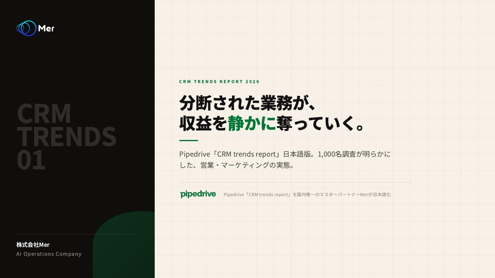 お役立ち資料「CRM TRENDS REPORT 2026」の表紙。「分断された業務が、収益を静かに奪っていく。」