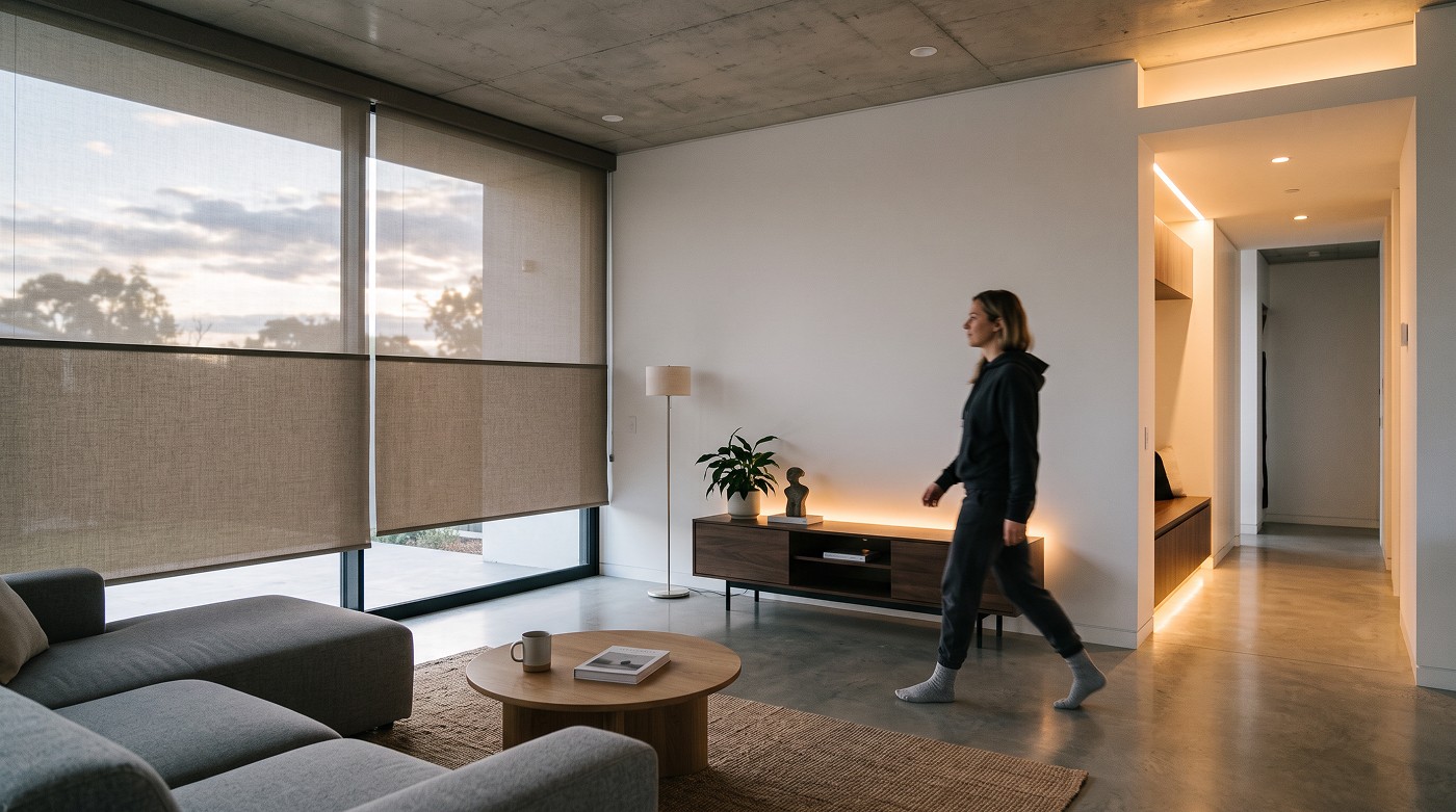 Woman walking into living room, lights turn on and blind open automatically
