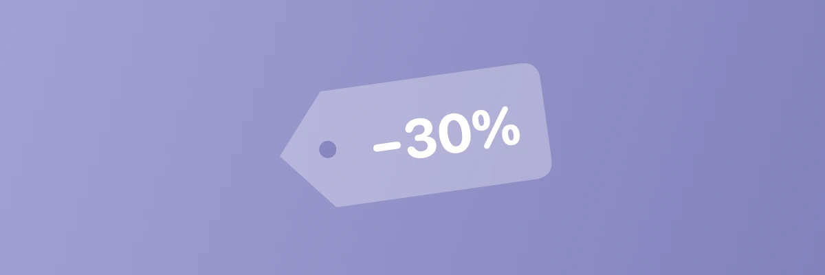 Price tag showing a 30% discount on a lavender background