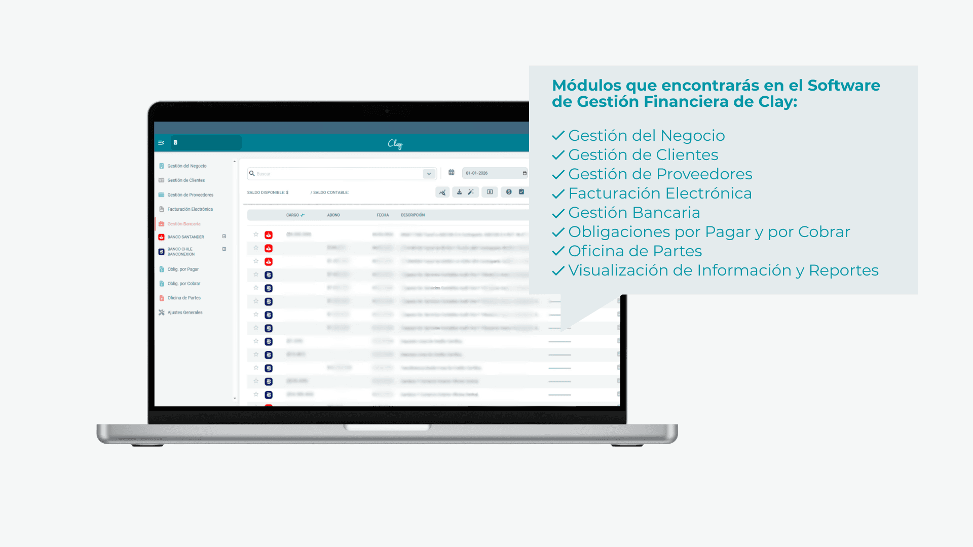 Interfaz del software de gestión financiera de Clay mostrando módulos para centralizar y unificar la información financiera de empresas en una sola plataforma.