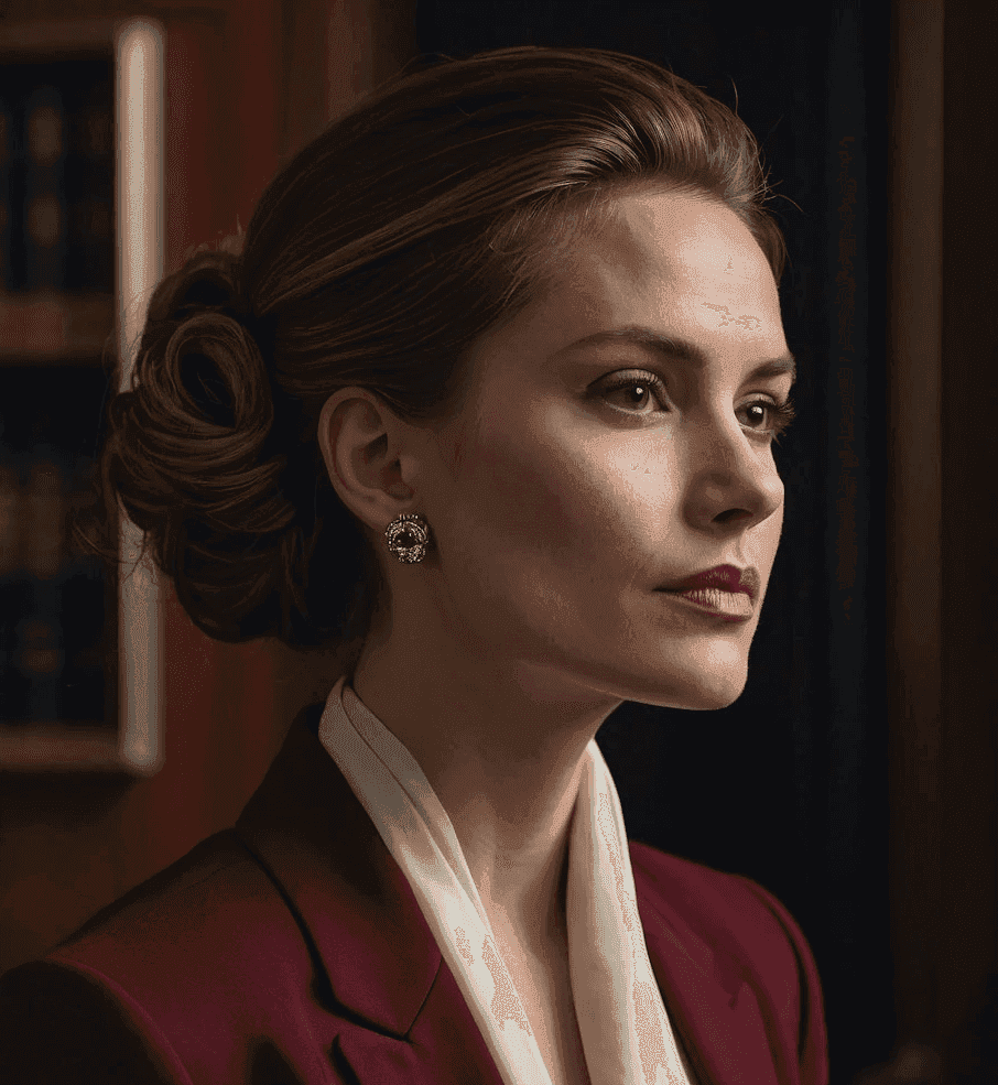 A woman with a confident expression, wearing a maroon blazer and white blouse, has elegant earrings and her hair styled in a sleek updo. She is indoors with a bookshelf behind her.