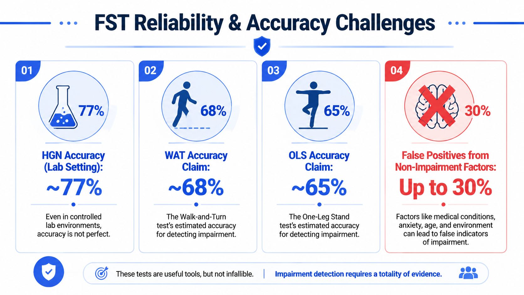 An infographic detailing the reliability and accuracy percentages of various standardized field sobriety test methods.