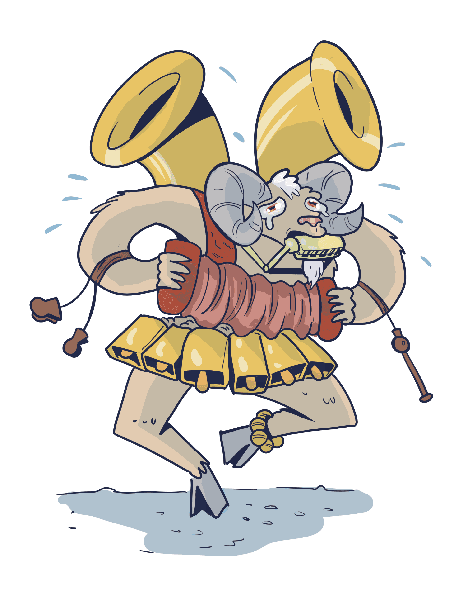 A little goat man. He is a busker, and he has too many instruments. It must sound cacophonous and terrible.