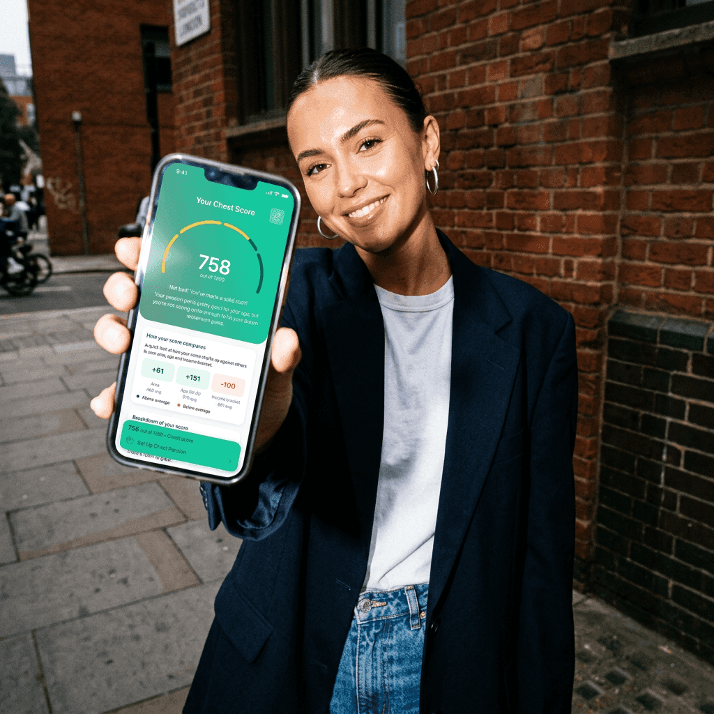 Young woman holding out her phone showing her Chest Score Personal Pension app