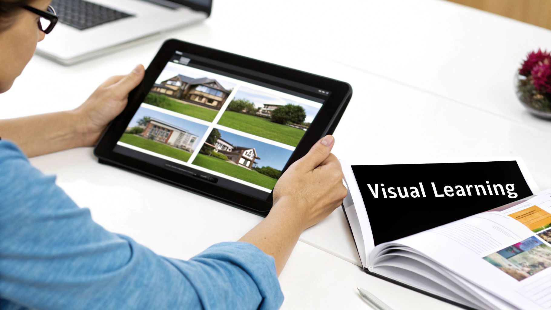 A person at a desk using a laptop with various visual elements like charts and graphs on the screen, representing the concept of visual learning.