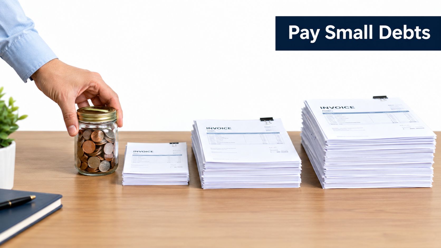 A hand placing a glass jar filled with coins next to increasing stacks of invoices on a desk.