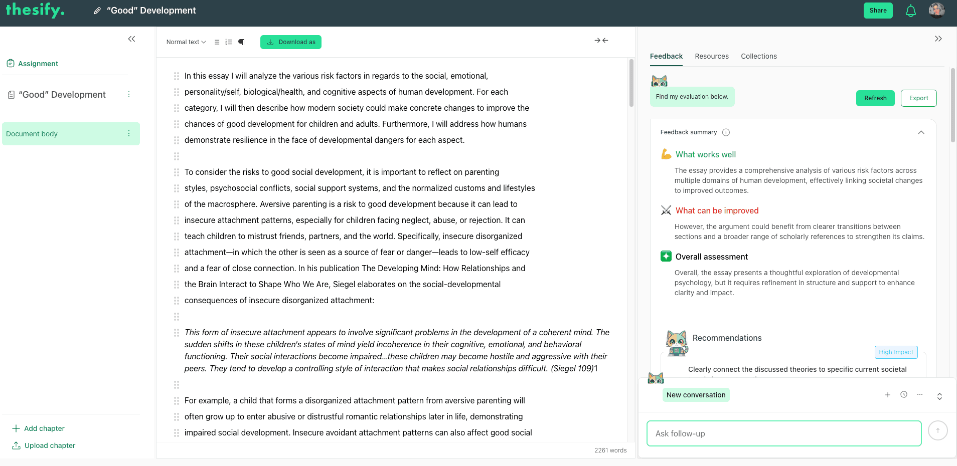 thesify dashboard showing a manuscript beside reviewer-style feedback, a feedback summary, and numbered revision recommendations for academic writing