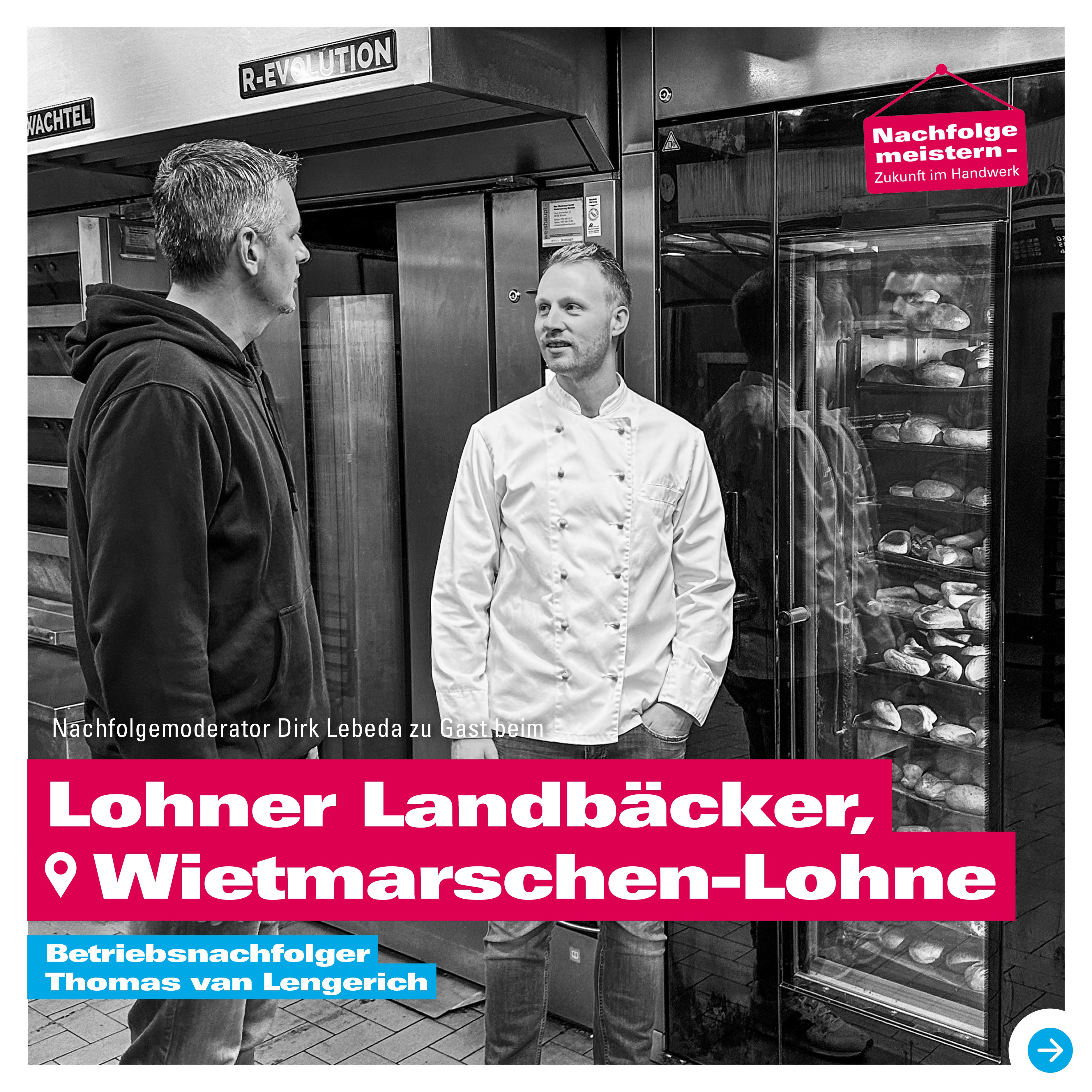 Zwei Bäcker im Gespräch in einer Backstube. Dirk Lebeda, Nachfolgemoderator, und Thomas van Lengerich. Lohner Landbäcker.
