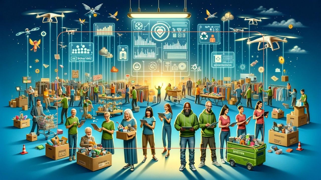Community marketplace with people donating goods, drones, and digital technology displays