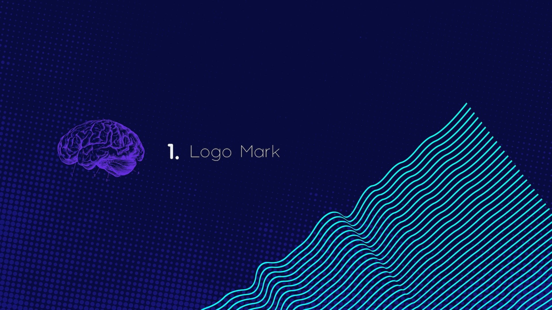 Neurolix AI brand guide section divider for "Logo Mark" featuring purple anatomical brain illustration and cyan wave line graphic pattern on dark navy blue background with halftone texture.