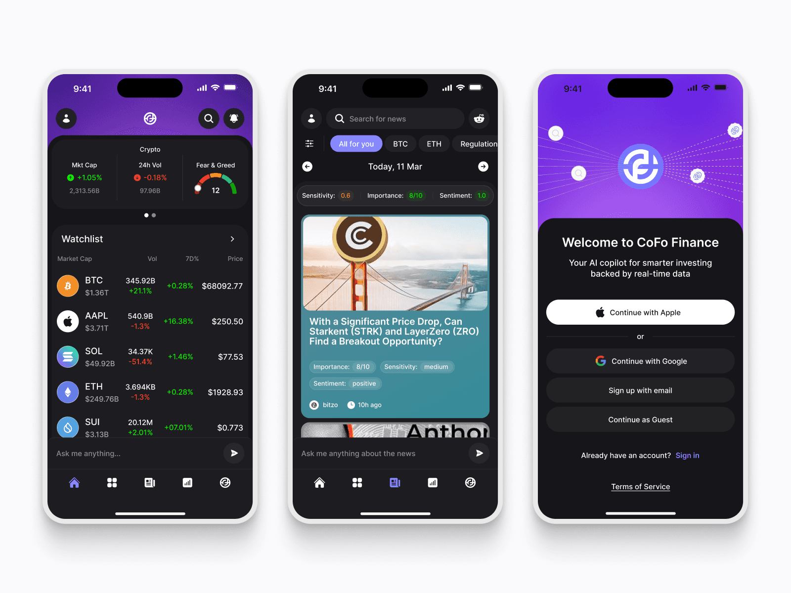 Mobile MVP screens for a finance app showing a watchlist, curated news feed, and account sign-up flow
