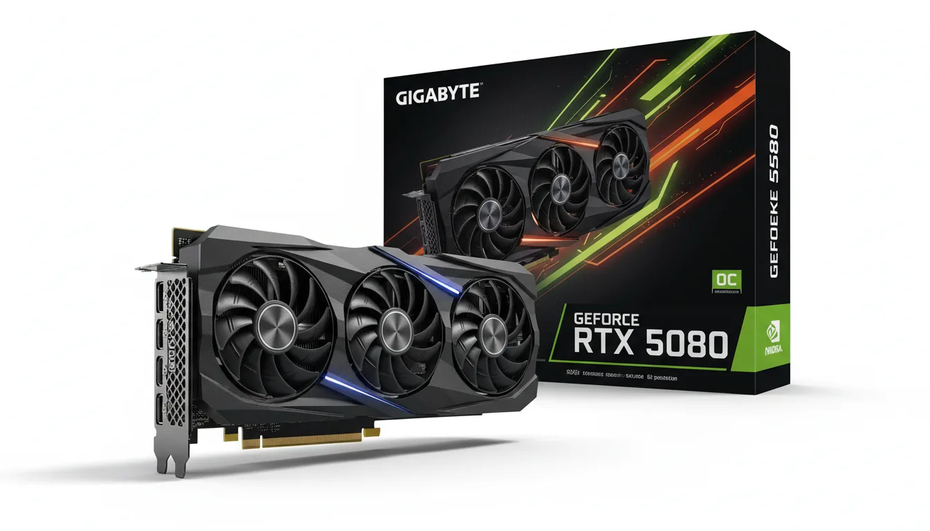 DSLR product photography of a high-end Gigabyte GeForce RTX 5080 graphics card and its retail box, set against a clean white studio background. The black, triple-fan graphics card is in the foreground, angled to showcase its design and I/O plate. The retail packaging, black with bold orange and lime green accents and a futuristic graphic, sits behind it. Soft studio lighting creating gentle shadows, hyper-detailed, sharp focus, commercial aesthetic.