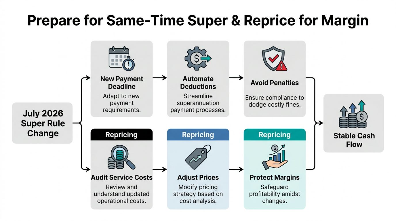 A flowchart showing how July 2026 superannuation changes impact payment deadlines and business pricing strategies for stability.