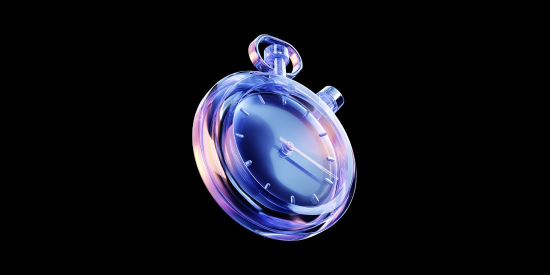 3D glass stopwatch icon on black background