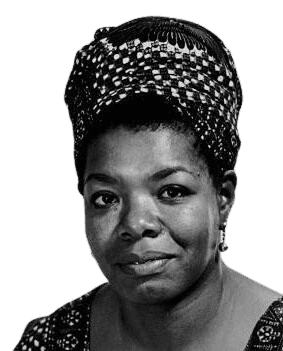 A striking black-and-white portrait of Maya Angelou, the renowned American poet, author, and civil rights activist. She is seen wearing a patterned headwrap and traditional attire, her expression calm yet powerful, reflecting her wisdom and strength. Angelou is celebrated for her literary works such as "I Know Why the Caged Bird Sings," as well as her activism, which championed racial and gender equality. This image captures her legacy as a voice for empowerment, resilience, and justice through her art and advocacy.