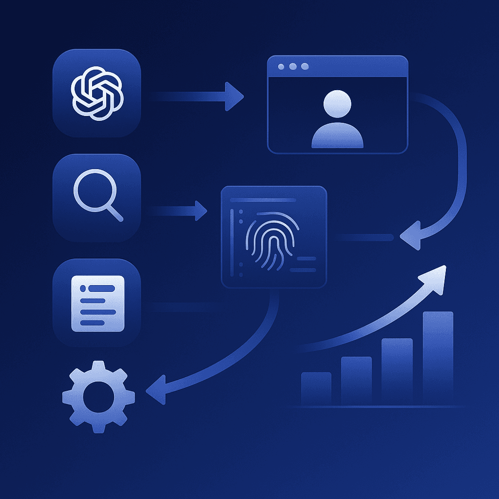 Vector flow diagram of AI answer sources feeding visitor ID, CRM database, and looping back to marketing analytics