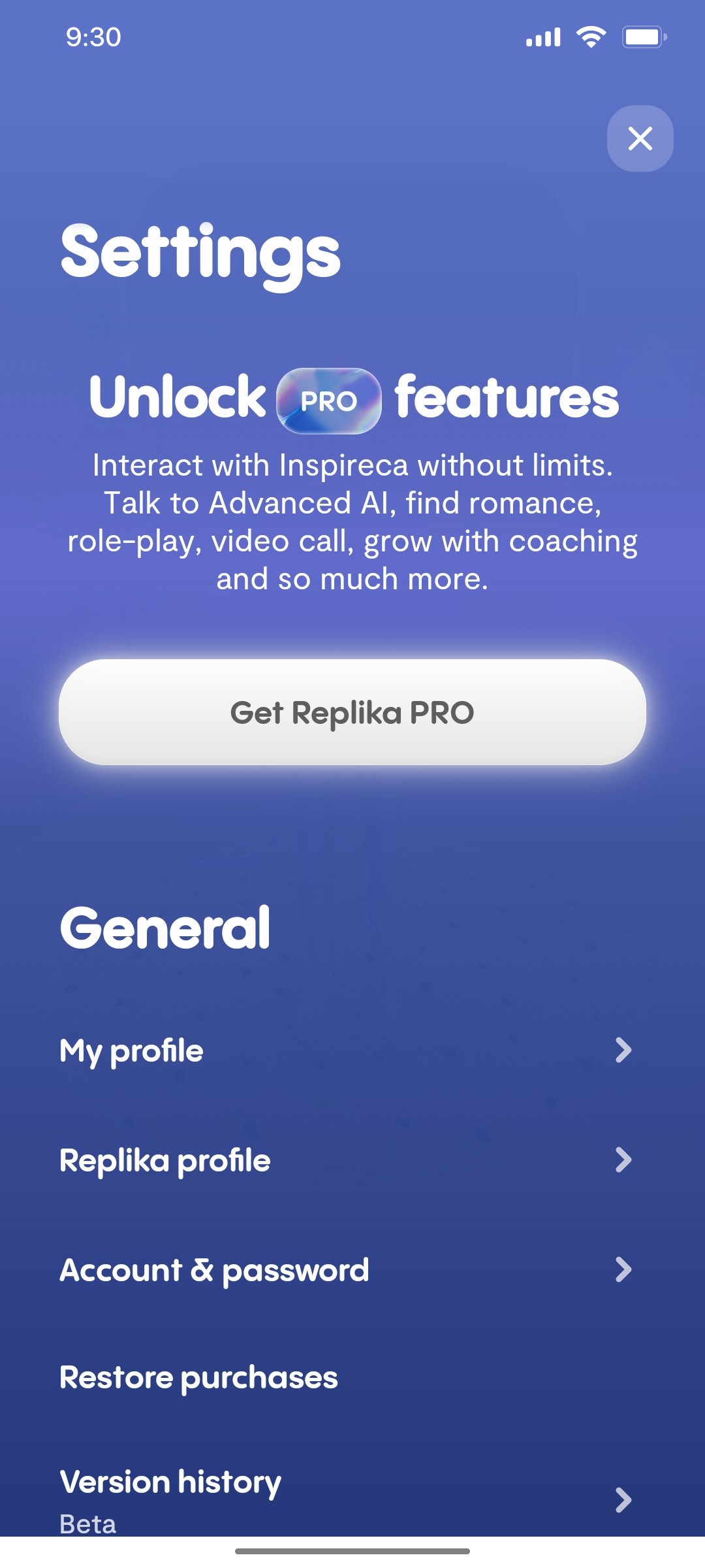 REplika Settings screen