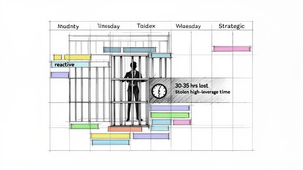 A calendar grid illustrates an executive trapped by reactive tasks, losing strategic time, depicted as 30-35 hours lost.