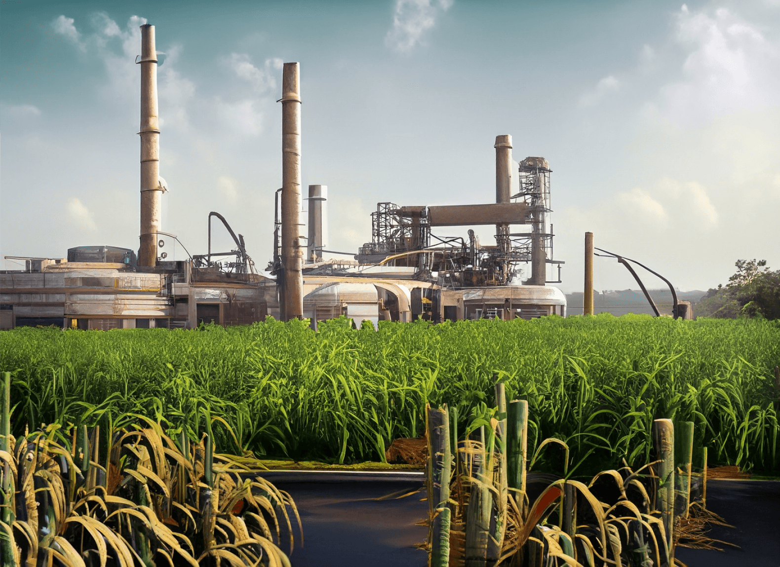 Factory building surrounded by sugarcane