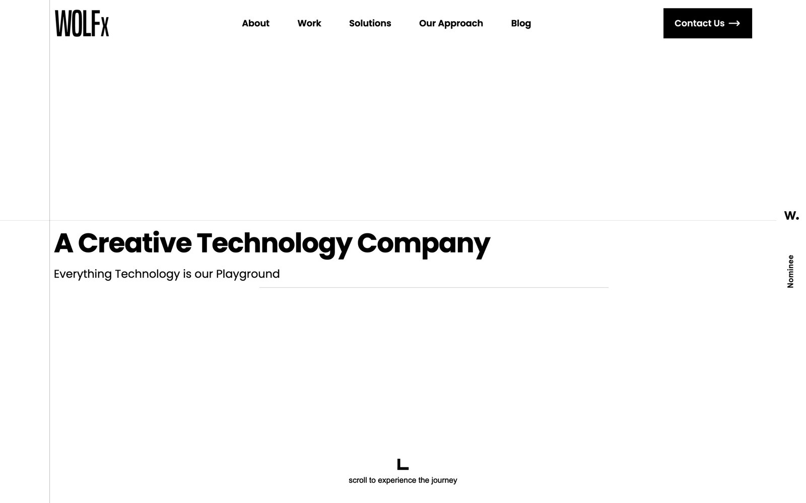 WOLF X" logo at top left. Menu: About, Work, Solutions, Our Approach, Blog. Heading: "A Creative Technology Company." Text: "Everything...