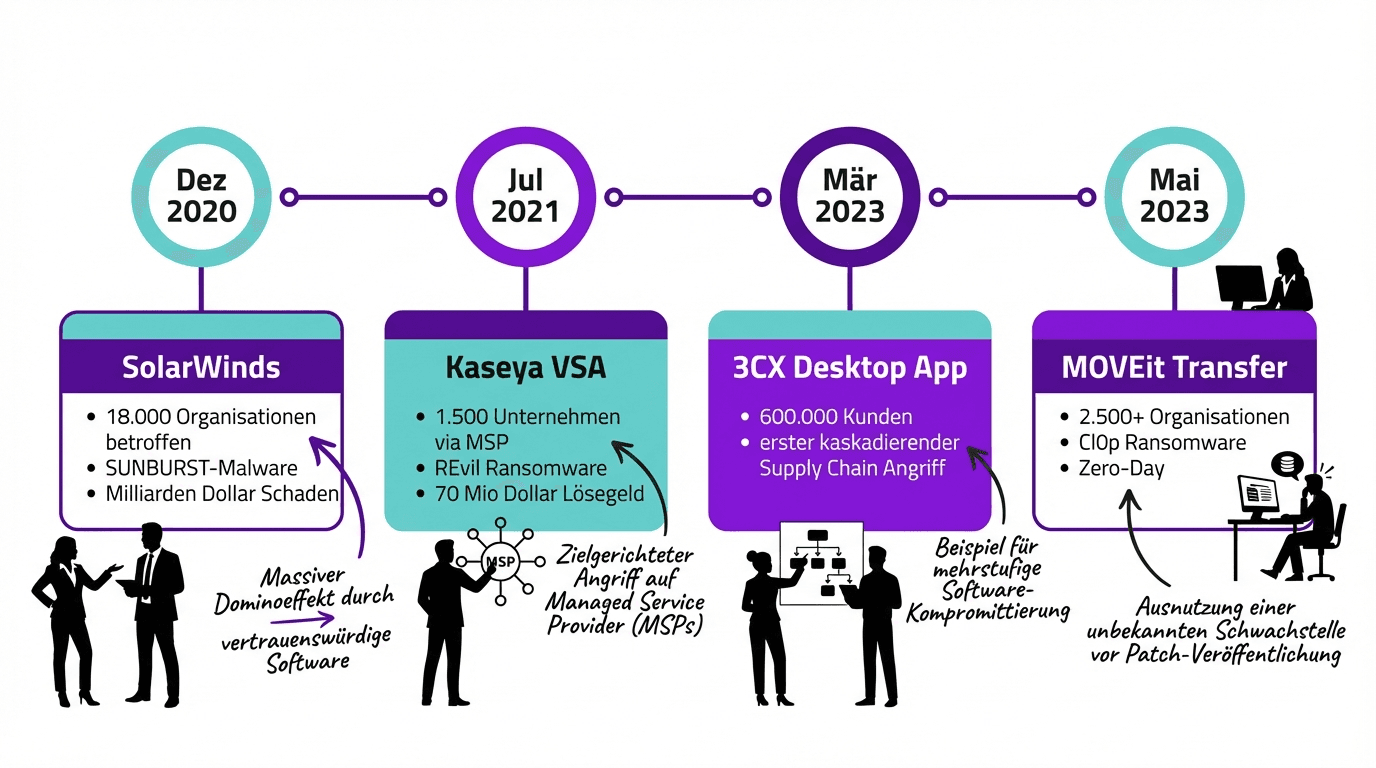 Timeline der grössten Supply Chain Angriffe 2020–2023