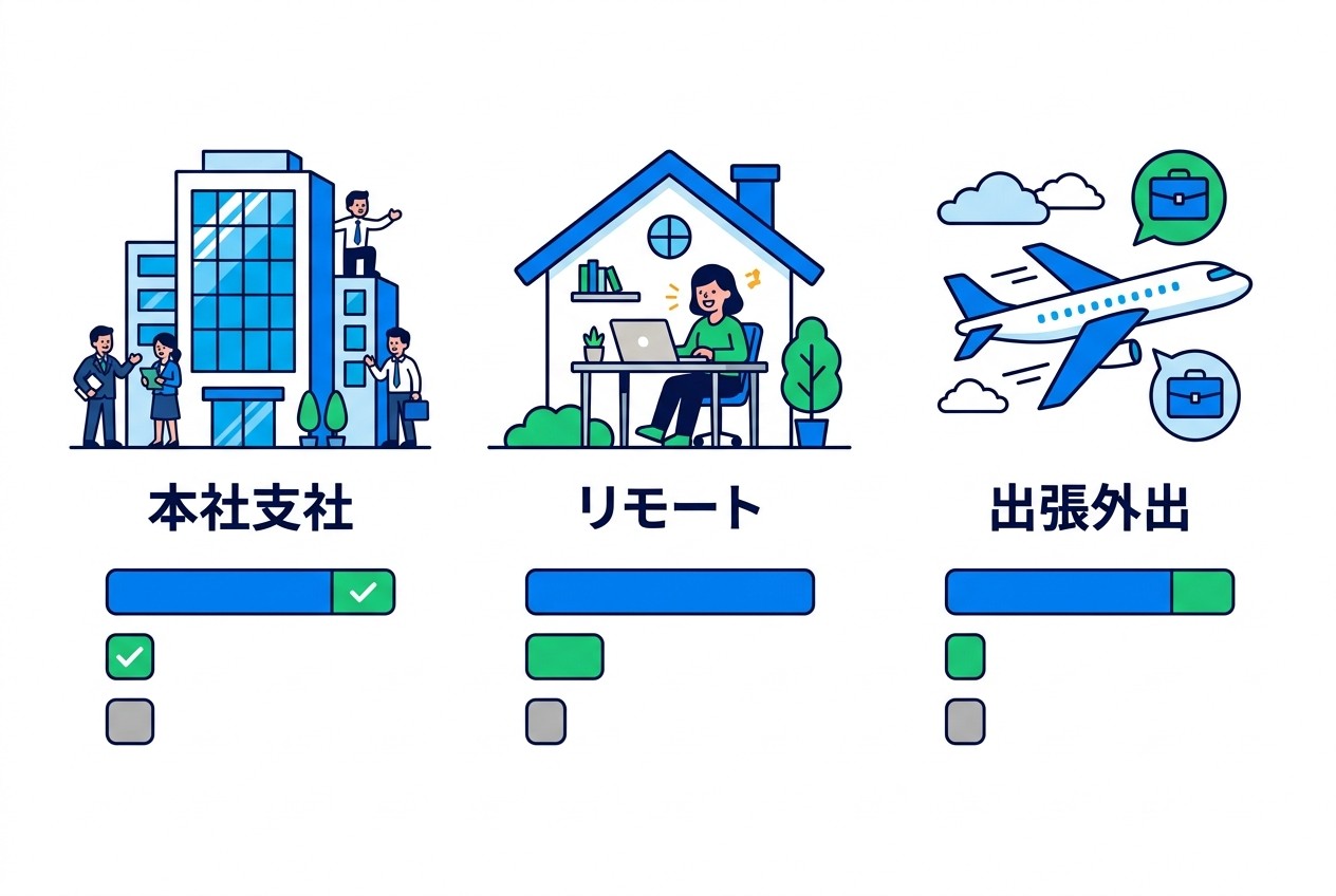 組織の働き方に応じたIP除外戦略。本社・支社は完全除外、リモートワークはVPN経由時のみ除外、出張・外出時は除外せずデータとして活用する使い分けが効果的。