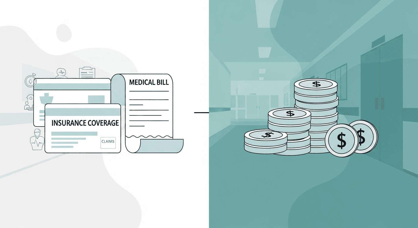 A clean, modern illustration showing insurance coverage and healthcare payment concepts, split composition with insurance card and medical billing on one side and cash payment symbols on the other, professional healthcare setting, soft blue and green color palette, minimalist medical illustration style, no text or words