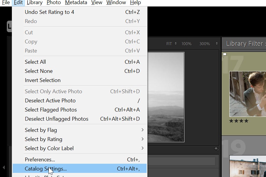 Lightroom Classic settings menu showing catalog preferences for file management and editing workflow.