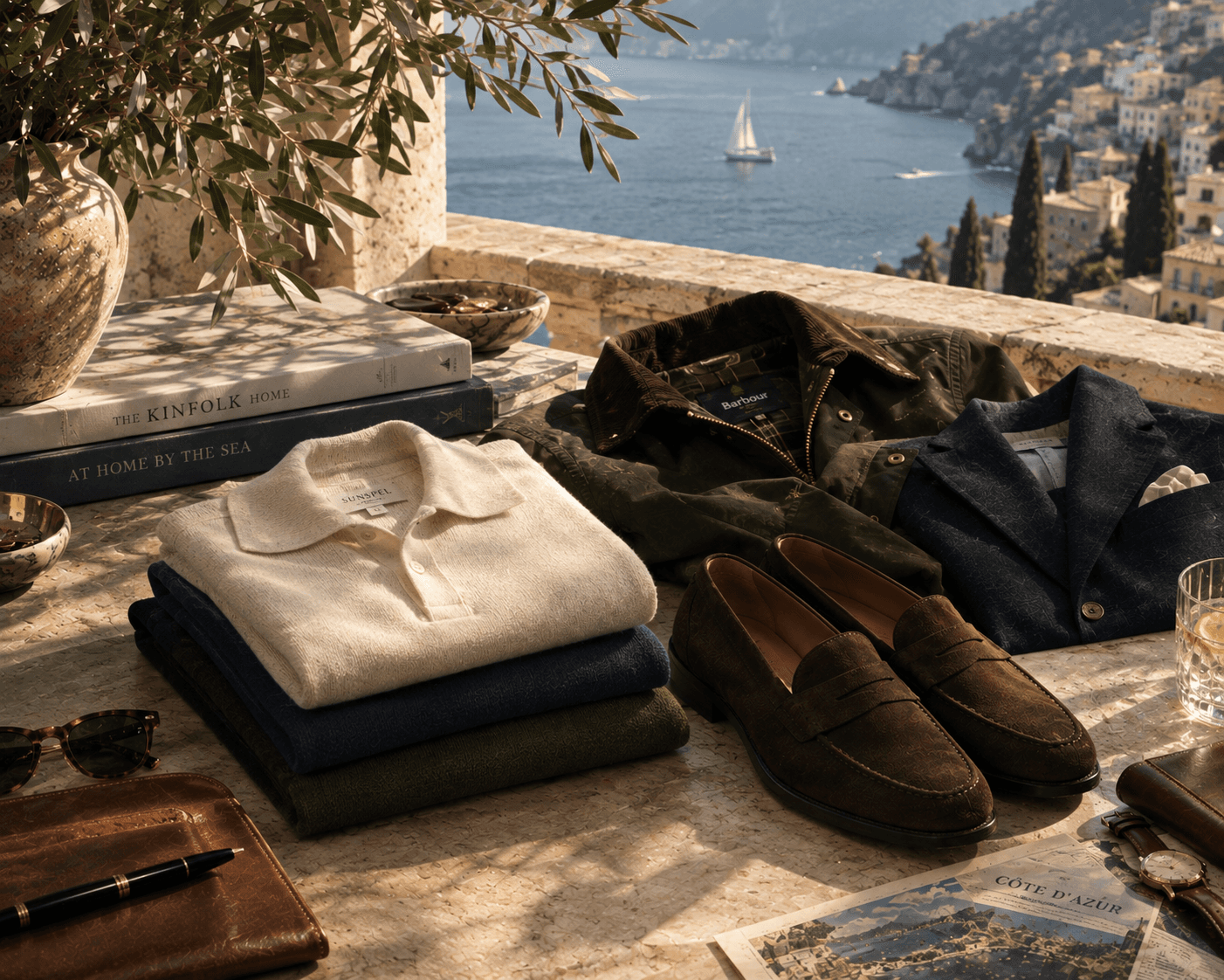 A comprehensive luxury menswear wardrobe flatlay spread across a travertine stone balcony table overlooking a sunlit Mediterranean coastal cliffside with sailboats on the sea. The layout features an array of classic apparel: stacks of knit polo shirts in off-white and navy, a folded beige crewneck sweater, dark brown leather penny loafers, pleated charcoal trousers, light beige chinos, a navy tweed blazer, and an olive green Barbour jacket. The scene is rich with travel and lifestyle details, including coffee table books, vintage cameras, small marble bowls, a leather wallet, a wristwatch, eyeglasses, and old postcards.
