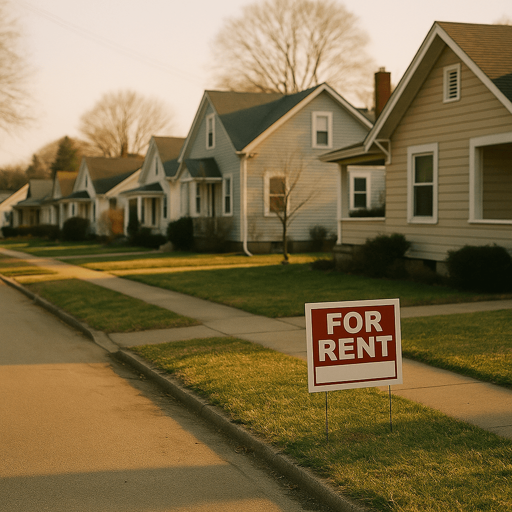 A street of detached single-family rental homes at golden hour