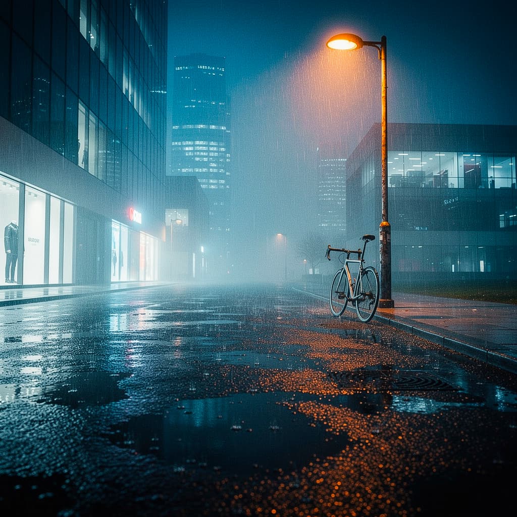 Rainy urban alleyway at night with vivid green neon light reflections on wet ground and tall buildings creating a dramatic moody cityscape.