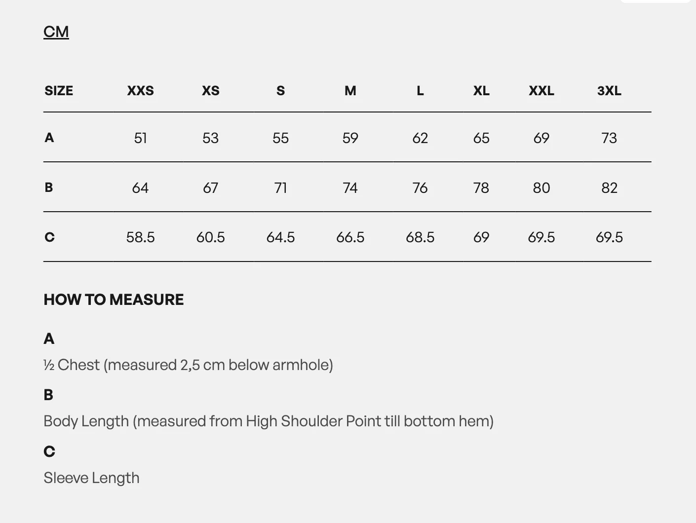 MondayMerch size chart example for corporate apparel sizing guide