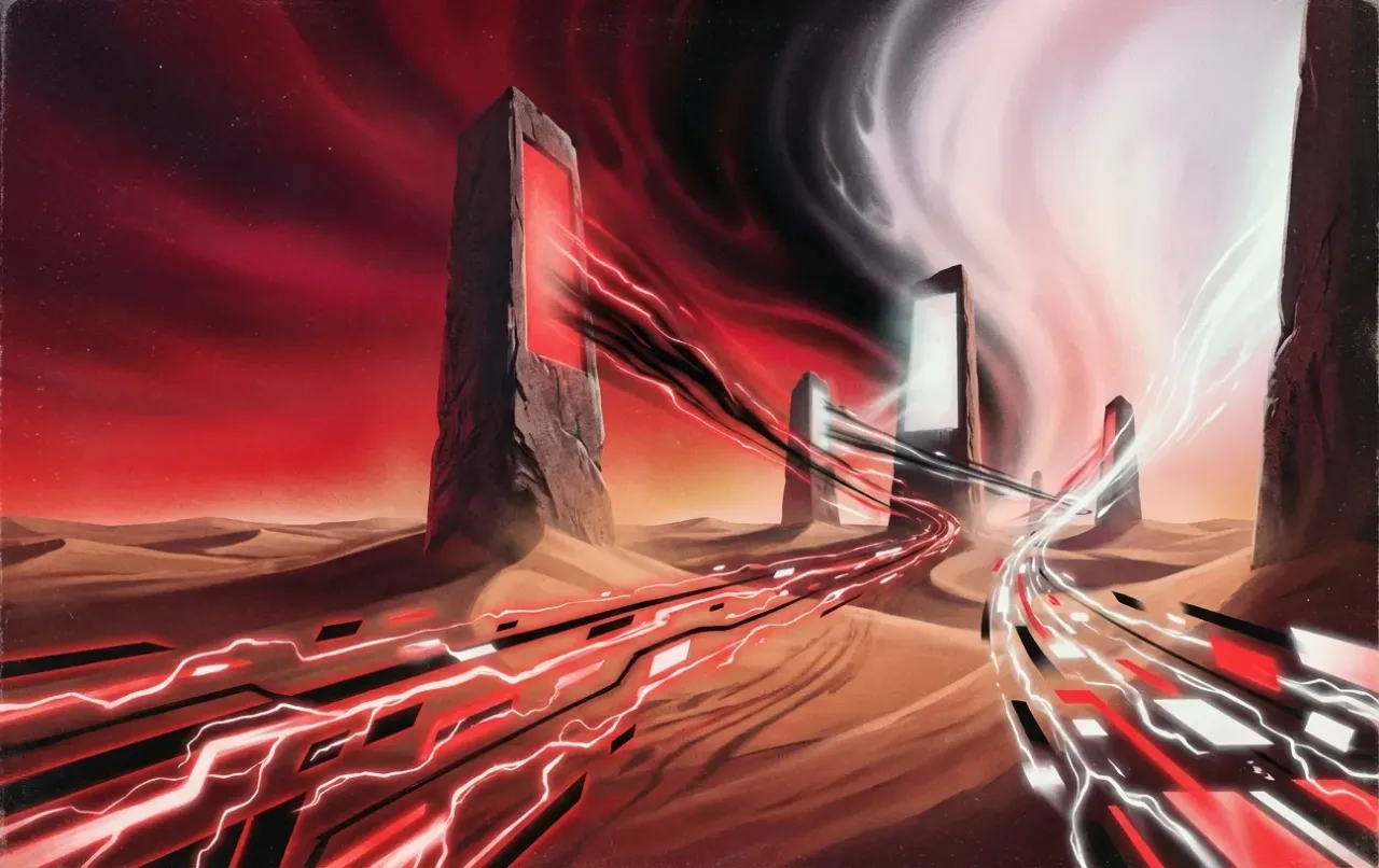 Futuristic portals with red energy streams, RockN' Socials Digital Marketing Agency.