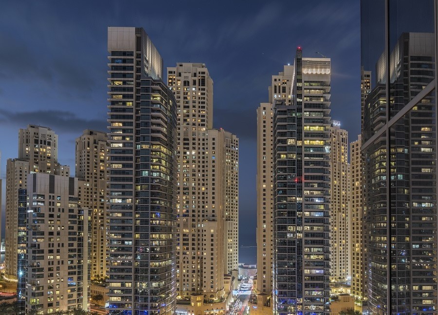 High-floor Marina view from Silverene Tower overlooking city lights and waterways.