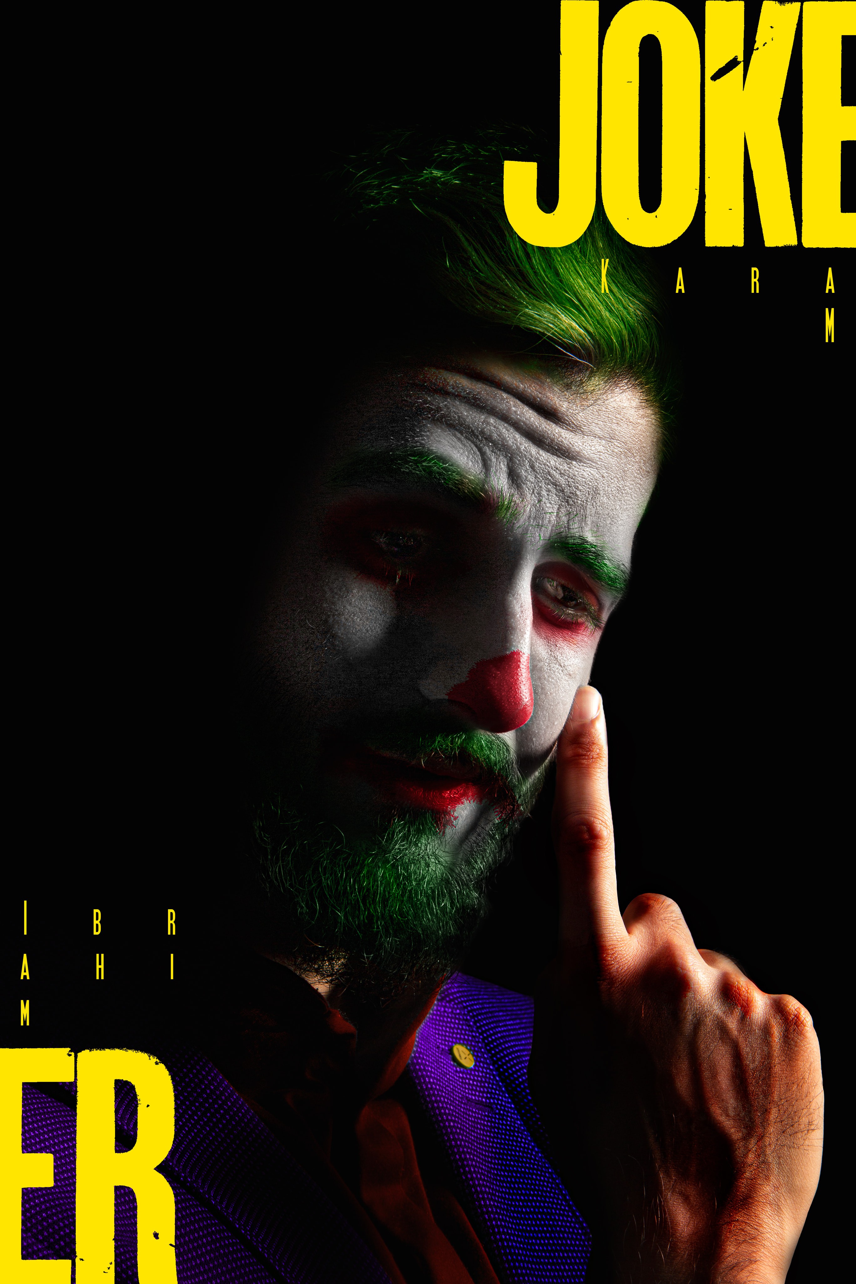 Dark editorial portrait of a man in Joker-inspired makeup with bold yellow typography