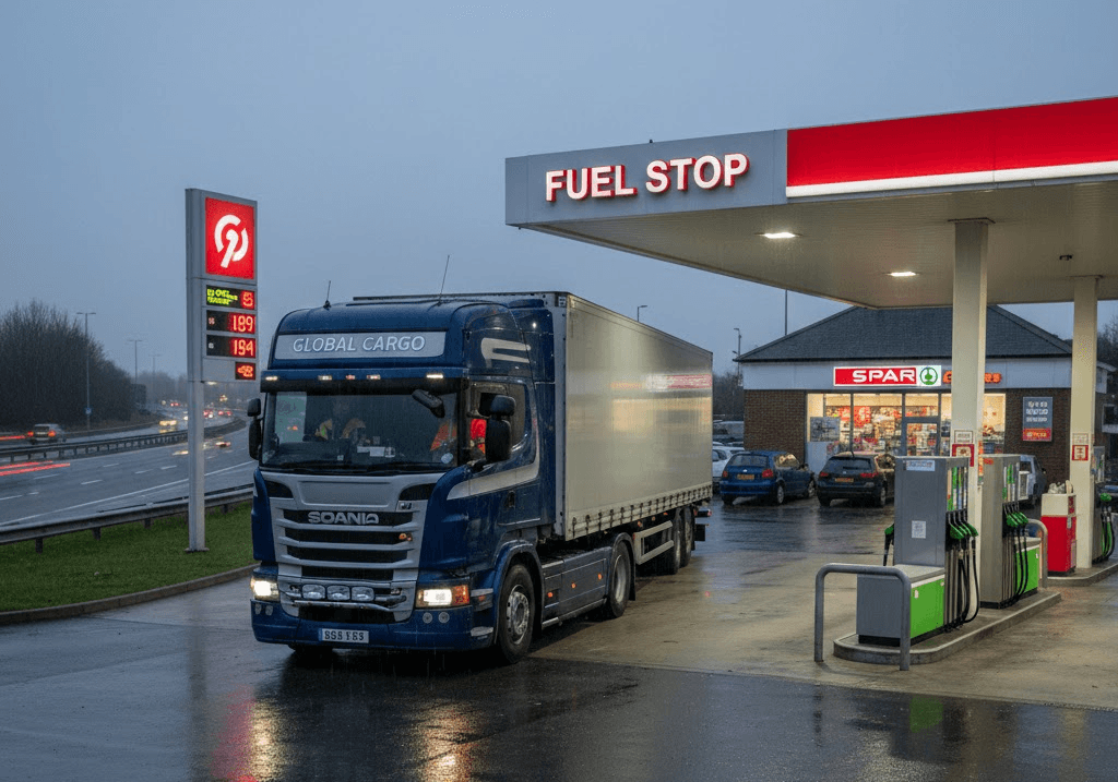 A truck pulls out of a petrol station