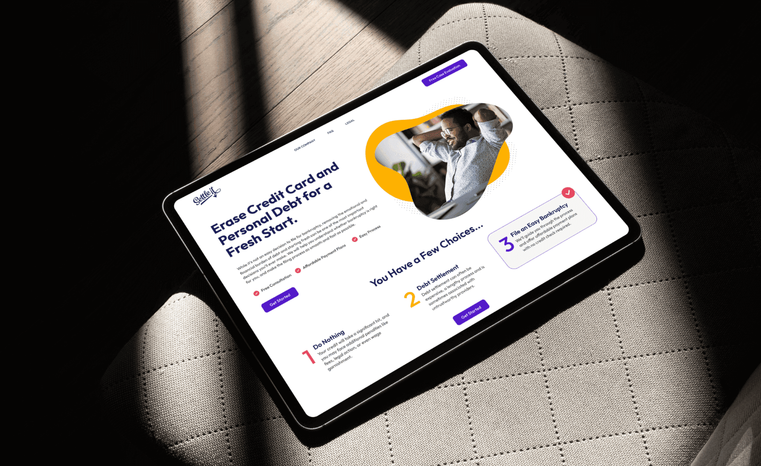 Settle Website Design: Debt relief service interface displayed on a tablet, showcasing a clear, modern layout with options for debt consolidation and bankruptcy.