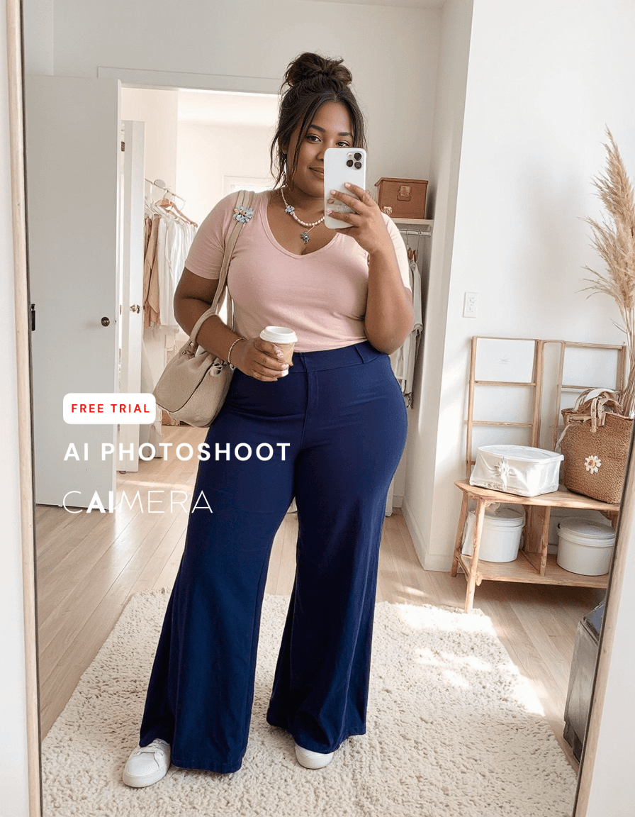 Mirror selfie featuring casual chic outfit with pink top and navy wide-leg pants in a bright, minimalist home interior with natural light.