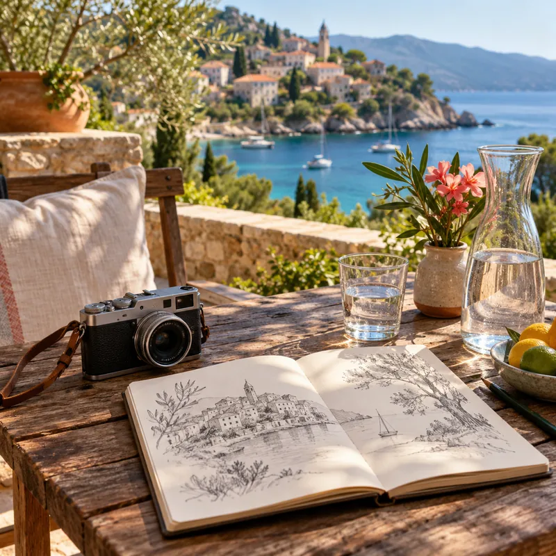 Un carnet de voyage et un appareil photo sur une terrasse ouverte sur la mer.