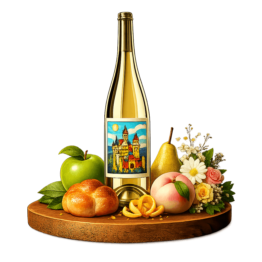 Artistic label and flavor profile for German Sekt on a rustic wooden table.