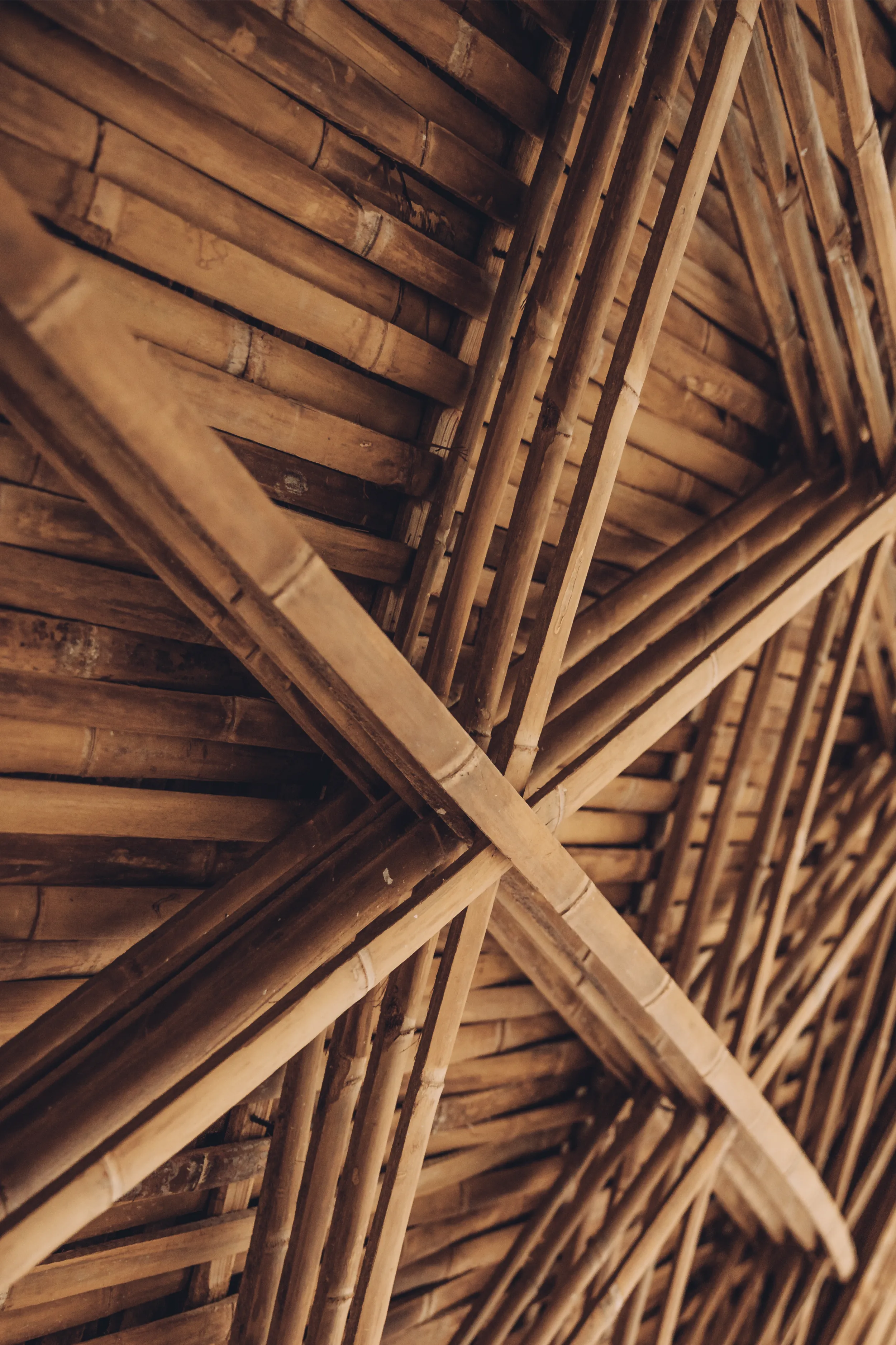 Extreme close-up of the handcrafted bamboo structural joints at Luum Temple, showcasing the intricate lashing and sustainable joinery techniques used in the pavilion's construction.