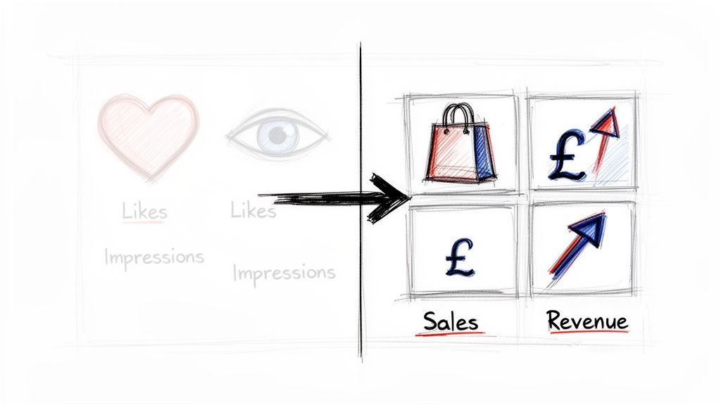 Sketch comparing social media likes and impressions to business sales and revenue metrics.