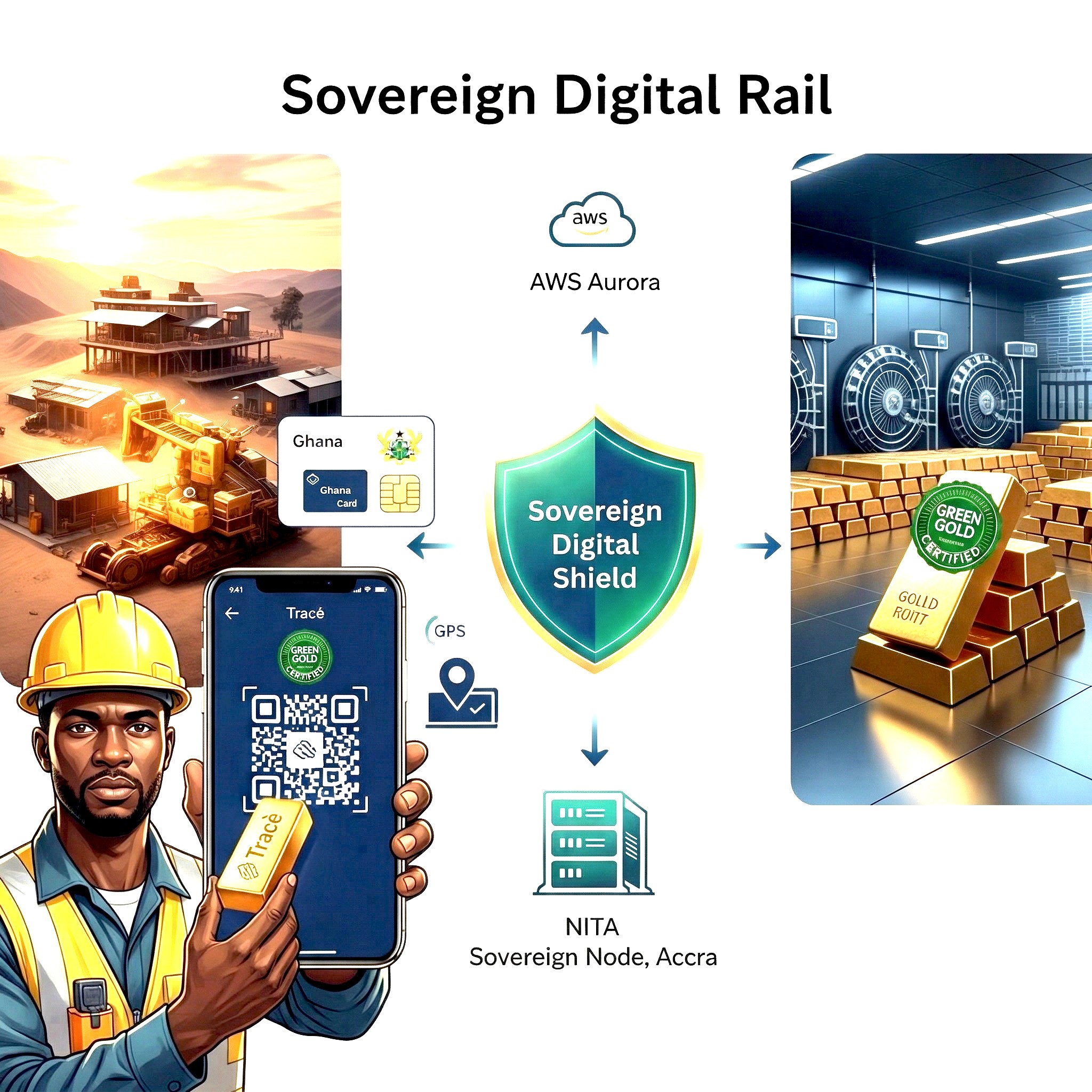 LeVo GoLd Sovereign Digital Rail showing NITA Accra Node and AWS Aurora Global synchronization.