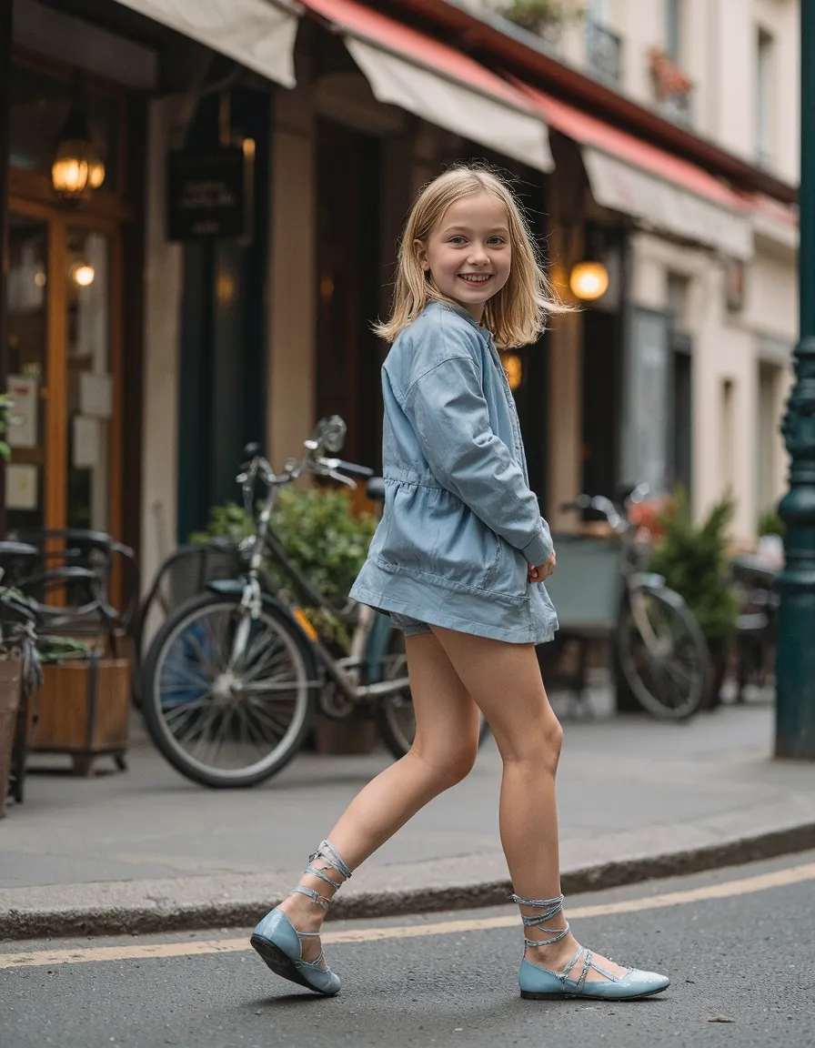 Light blue denim jacket and matching ballet flats on a charming European street with bicycles and café storefront in background