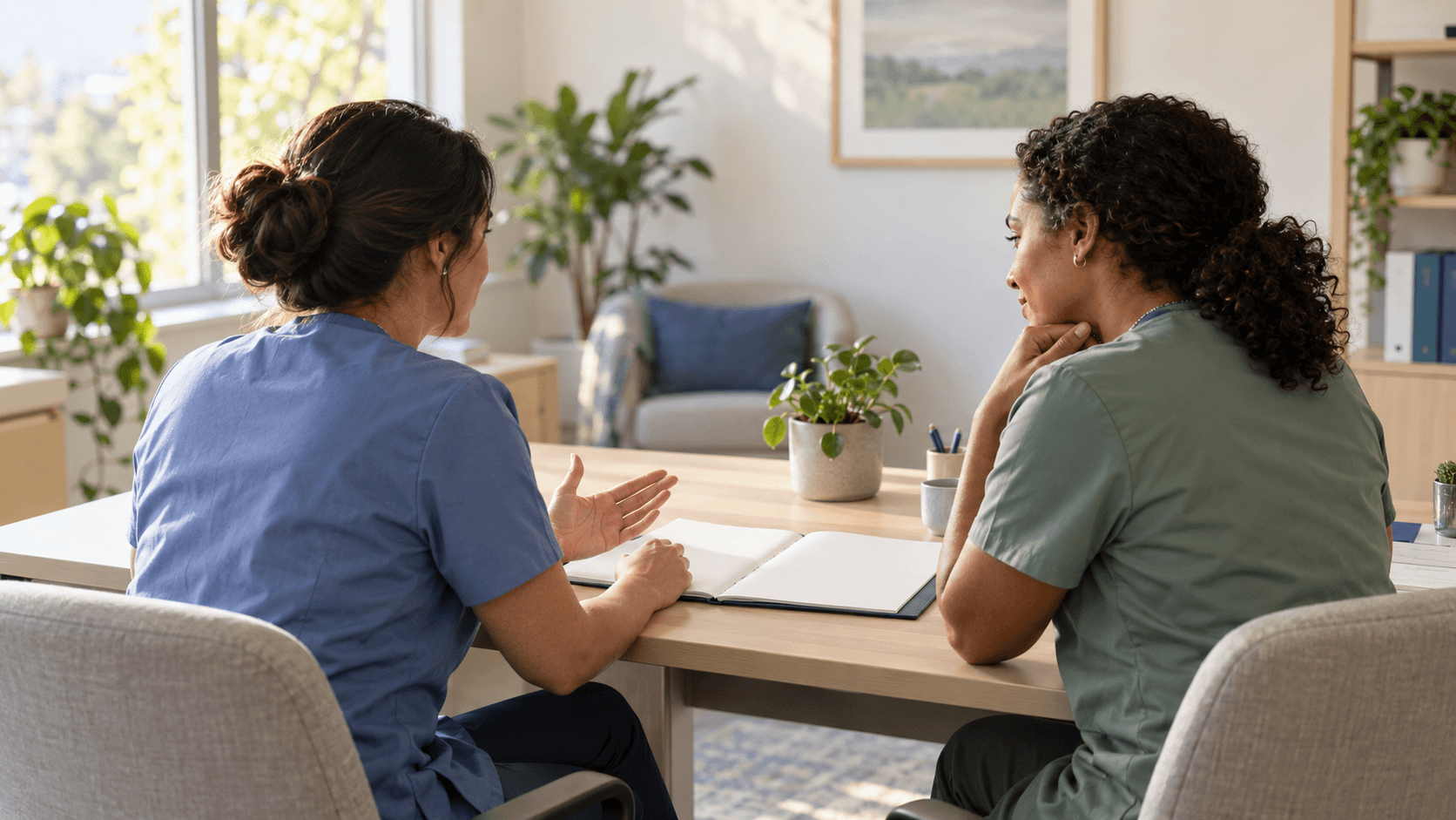 Two clinicians reviewing a blank care-planning folder in a sunlit consultation room.