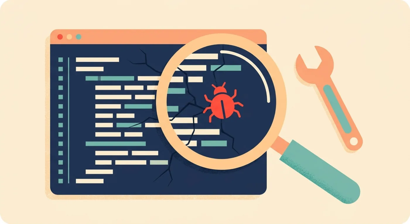 Debugging vibe coded output illustrated as a magnifying glass over a cracked code window with a single bug