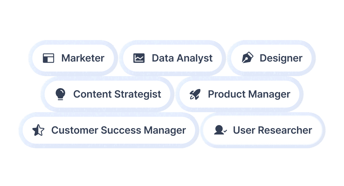 A graphic displaying various job titles: Marketer, Data Analyst, Designer, Content Manager, Product Manager, Account Manager.